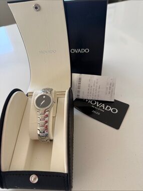 Movado Silver Bracelet Watch with Black Dial with crystal face